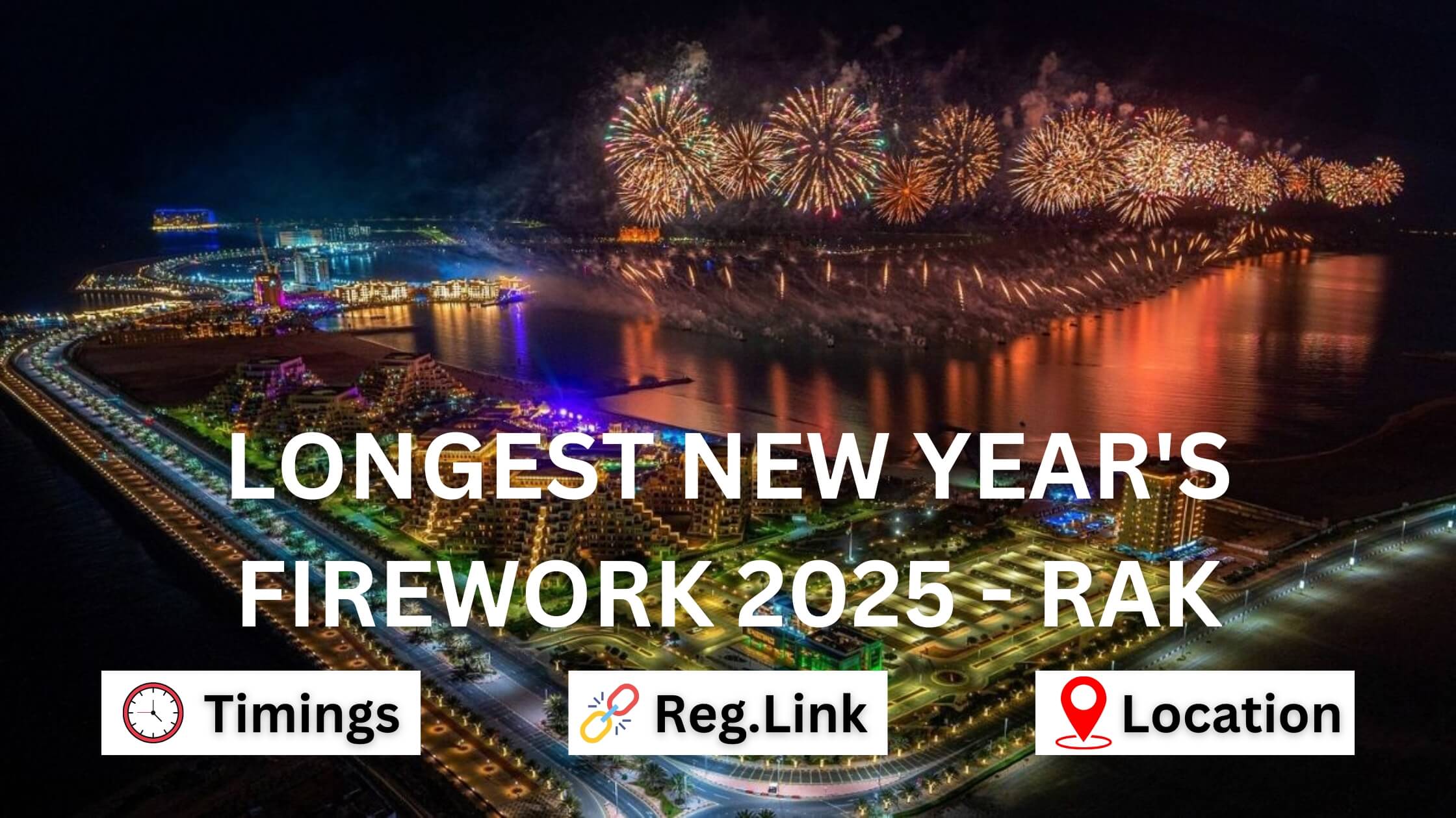 Details of Ras Al Khaimah New Year Evening Fireworks 2025, including location, vehicle registration link, event timings, and map location.