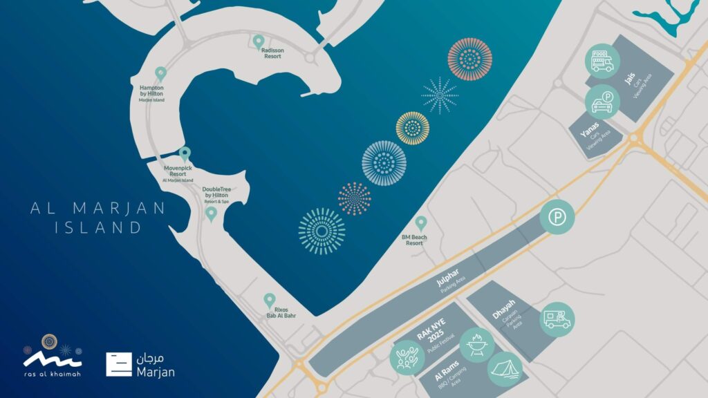 rak fireworks 2025 new year timing and location "Map showing the location of Ras Al Khaimah New Year Fireworks 2025, highlighting Al Marjan Island and nearby parking zones"