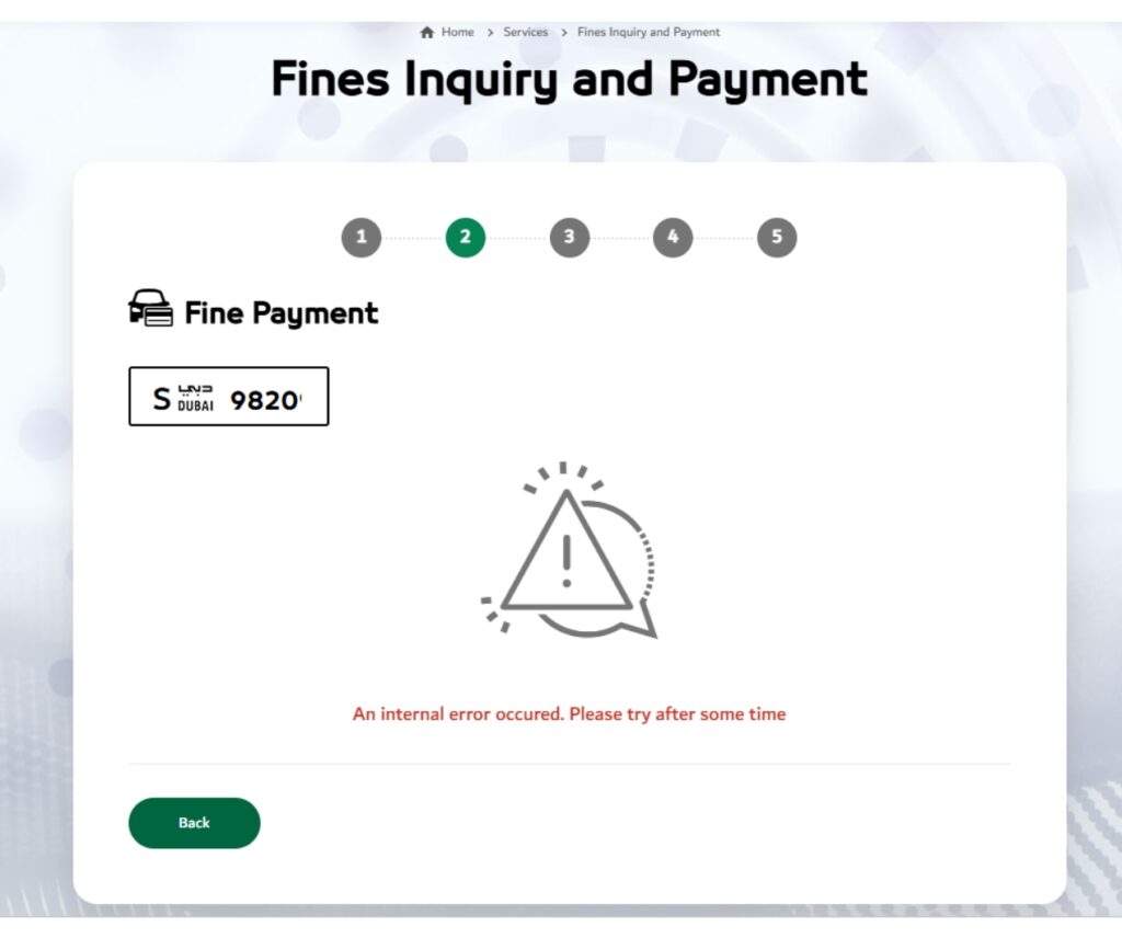 Screenshot from Dubai Police Website "Fines Inquiry and Payment" page.