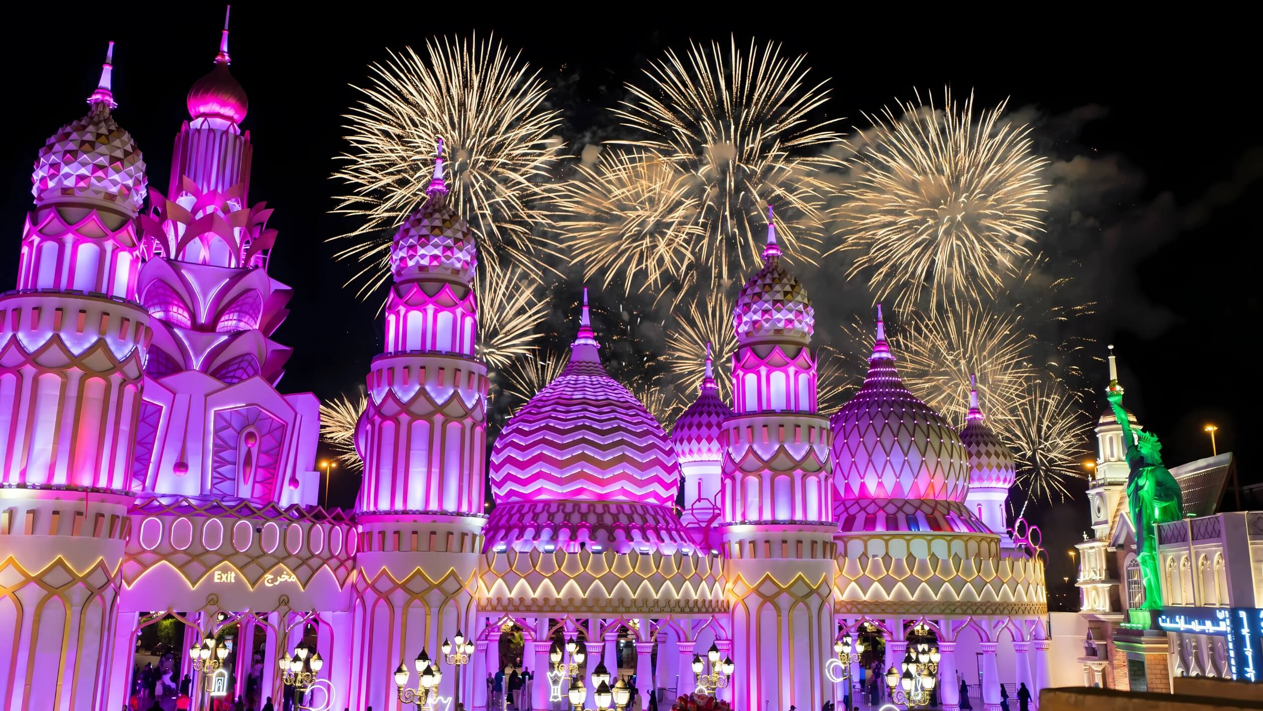 Fireworks lighting up the sky at Global Village Dubai during New Year 2025 celebrations.