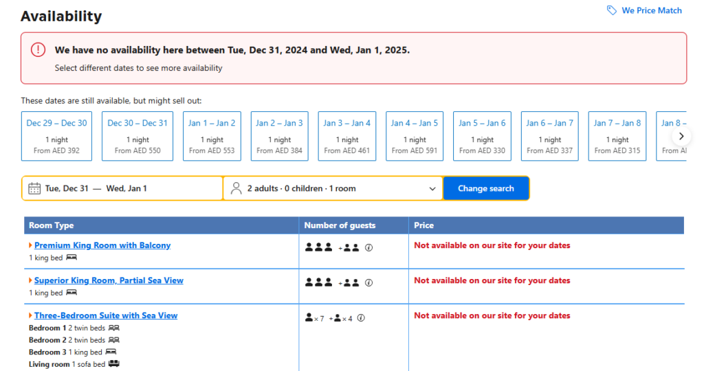 Screenshot showing unavailable hotel bookings near Marjan Island for New Year's Eve celebrations.