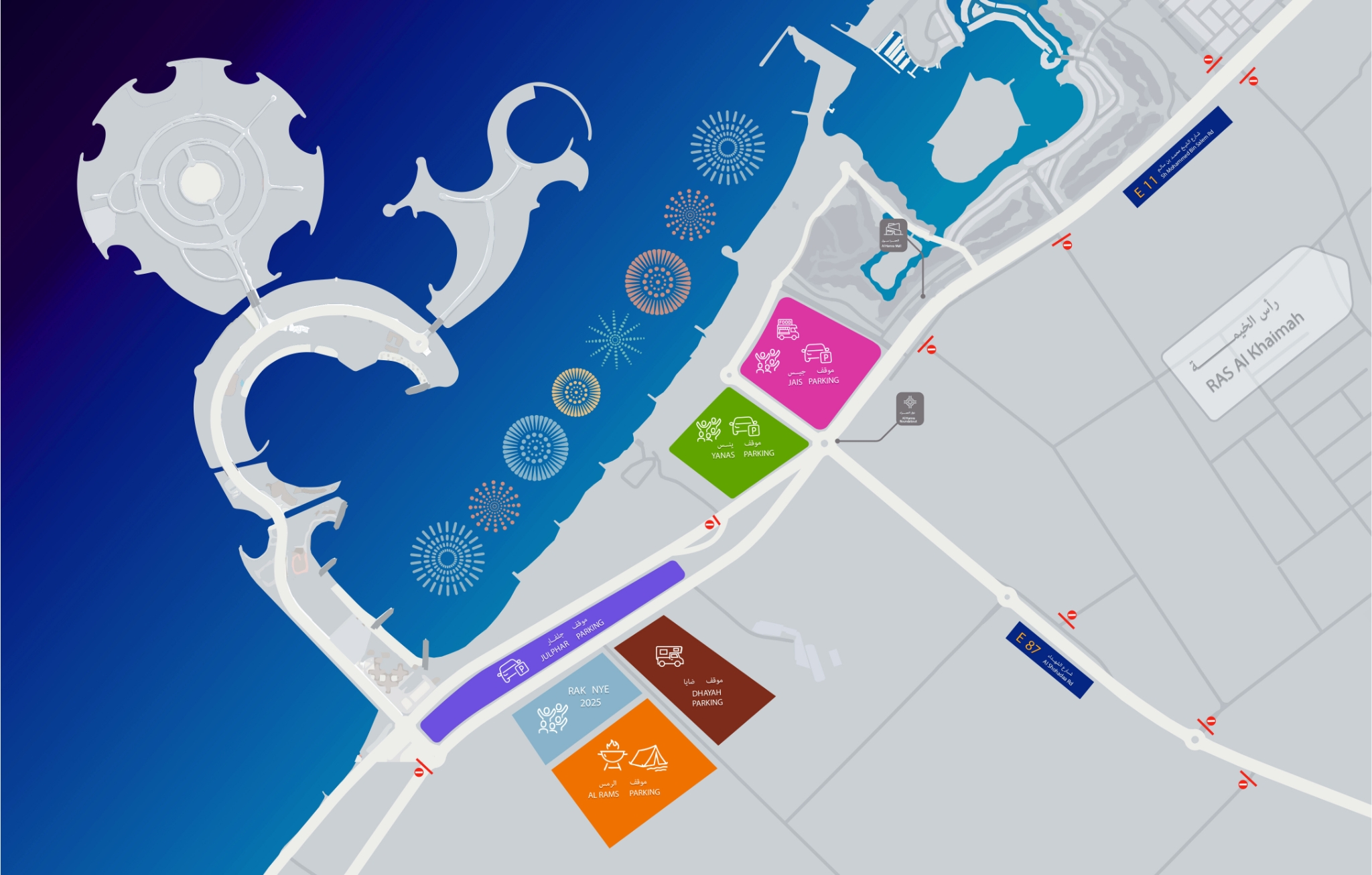 Map showing parking locations for RAK NYE 2025, including Jais, Yanas, Julphar, Al Rams, and Dhayah.