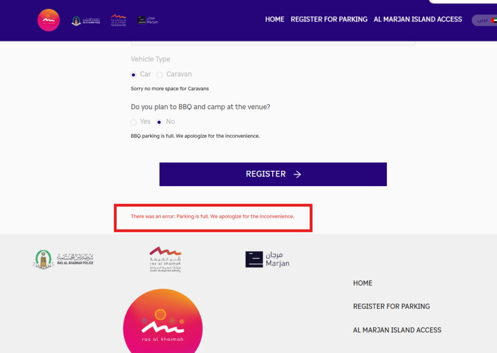 showing error "There was an error: Parking is full. We apologize for the inconvenience." on RAK New Year’s Eve 2025 website