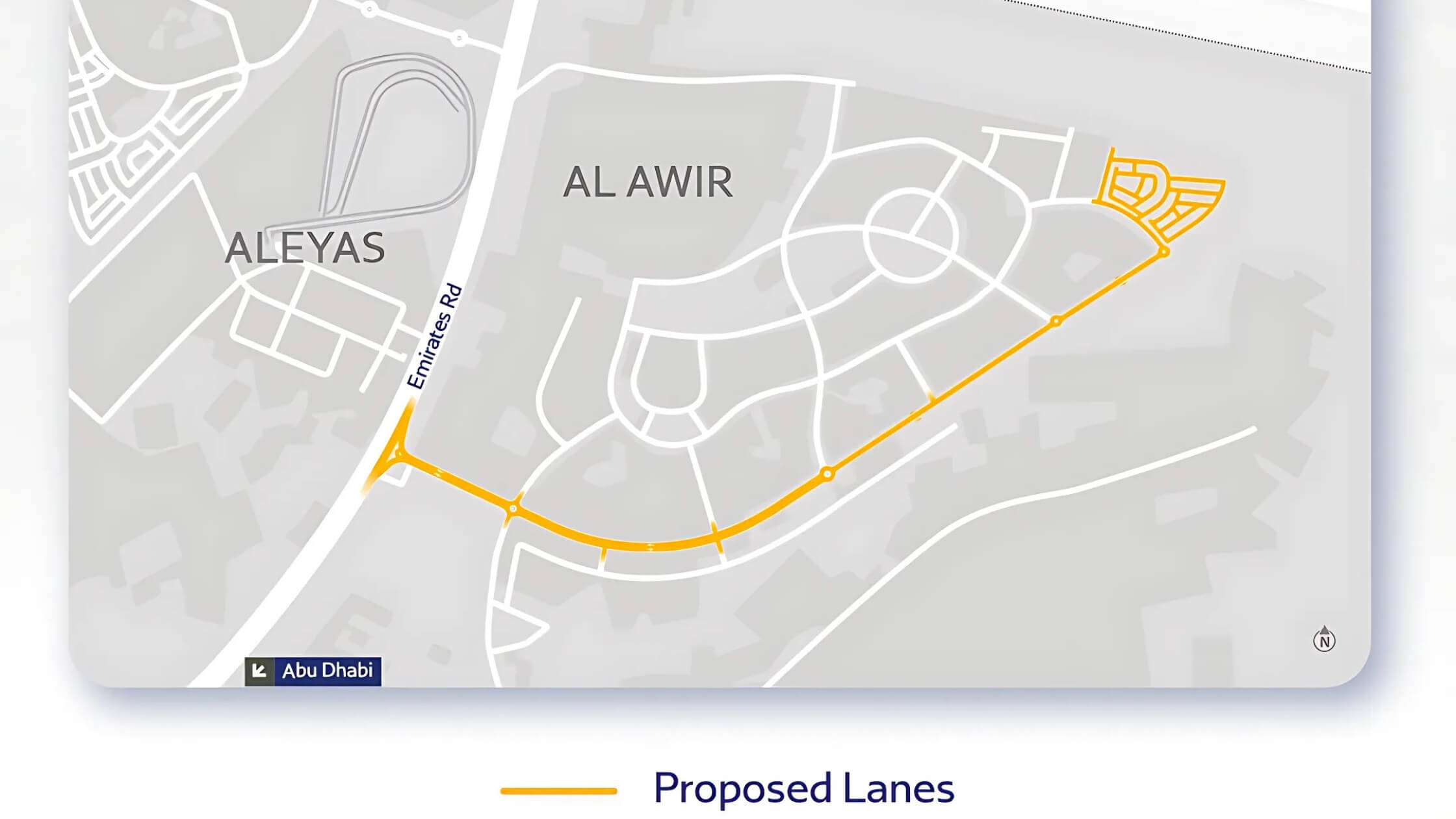 Aerial Map view of Al Awir 1 road development project showing new Emirates Road connection and internal road network in Dubai