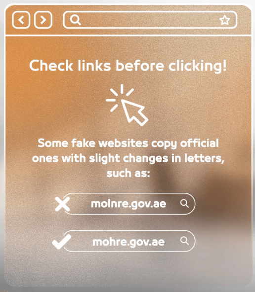 Comparison of a fake and real MoHRE website URL highlighting minor differences