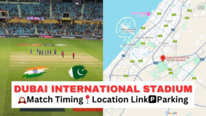 Google Maps location pin for Dubai International Stadium showing parking areas and directions for India vs Pakistan cricket match.