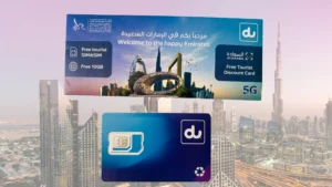 Tourist receiving free du SIM card with 10GB data at Dubai Airport