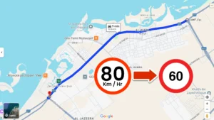 Google Map showing Sheikh Mohammed bin Salem Street (E11) with speed limit signs labeled 60 km/h and 80 km/h in Ras Al Khaimah, UAE