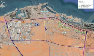 Major highway construction on Sheikh Mohammed bin Salem Road (E11) in Ras Al Khaimah with traffic diversion signs and alternative route directions, effective September 1, 2025