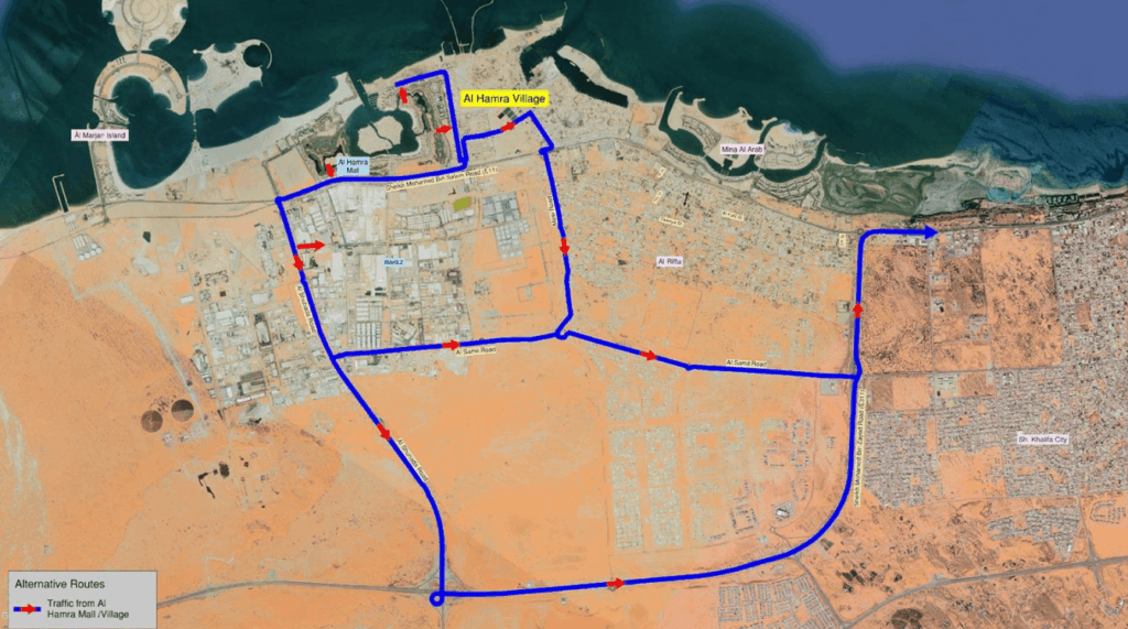 Multiple alternative route options for Al Hamra Village residents to reach Emirates Roundabout during highway closure