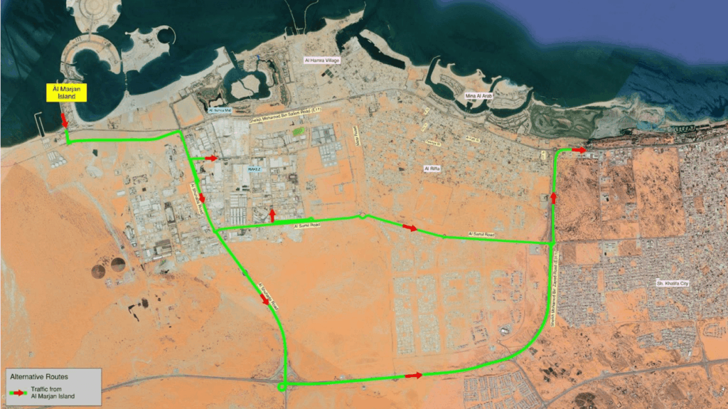 Route map from Al Marjan Island to Emirates Roundabout via Al Hamra Roundabout, showing right turn to E311 or E611 toward Ras Al Khaimah town
