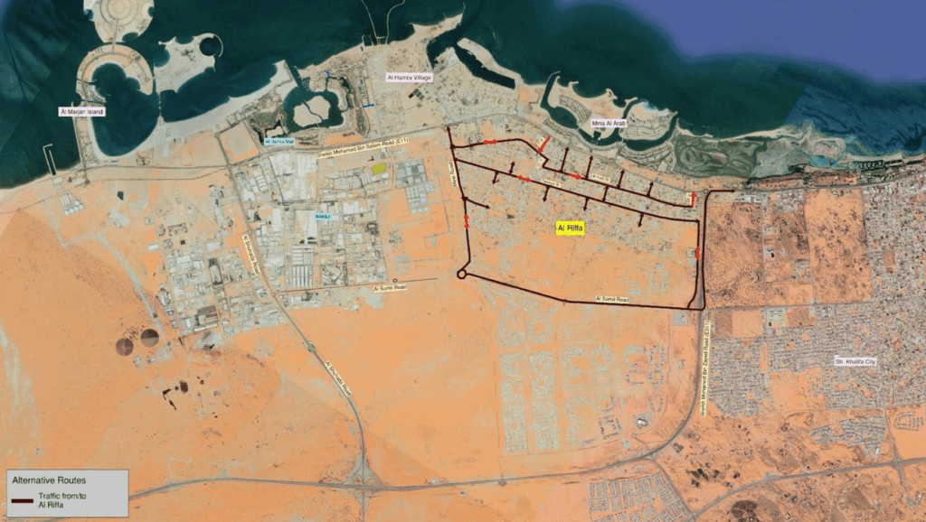 Map of Al Raffa area showing all local roads remain open including Al Ejlal Street passing Harf Typing and Documents Clearing services during construction