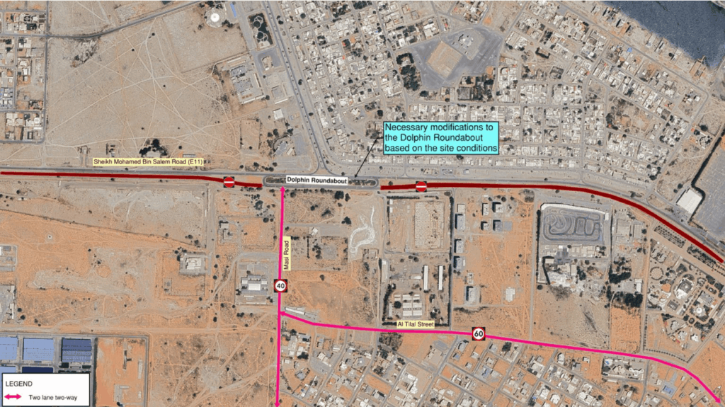 Dolphin Roundabout access map showing U-turn facility for Raffa to Jazeera area with speed limits: Massi Road 40km/h and Al Tilaal Road 60km/h