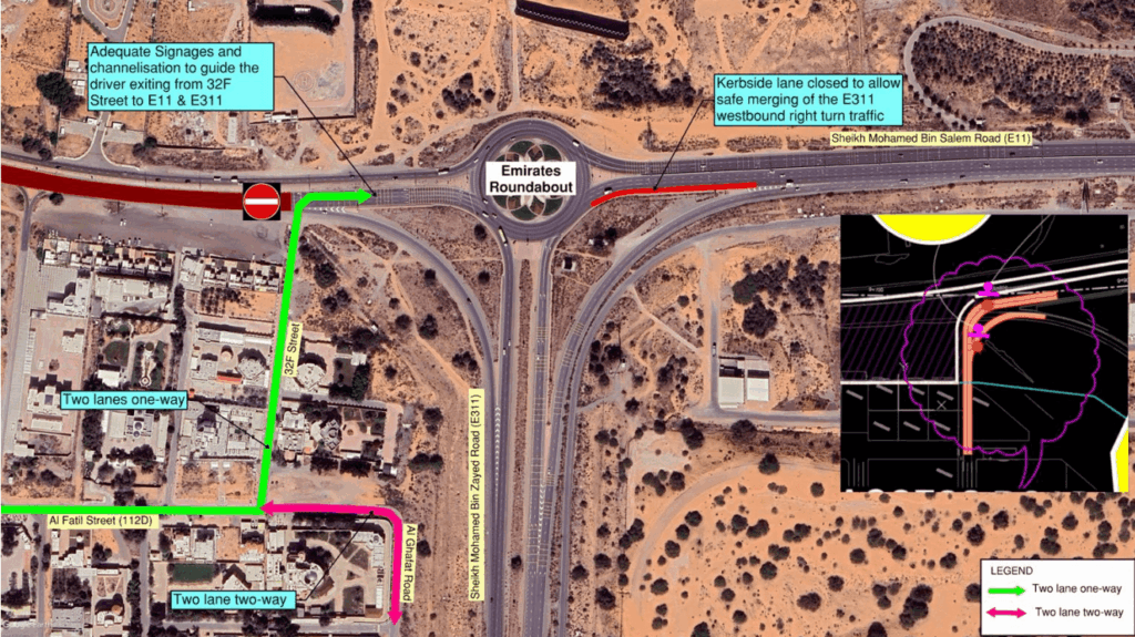 Map showing vehicle access point to Emirates Roundabout via alternative route during RAK highway construction