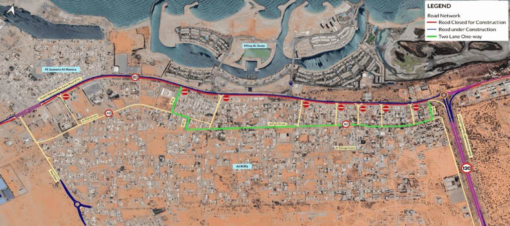 Overall alternative route map showing RAK highway closure from Al Hamra Roundabout to Emirates Roundabout with red areas marking closed roads, blue areas under construction, and green lines indicating two-lane one-way alternative roads