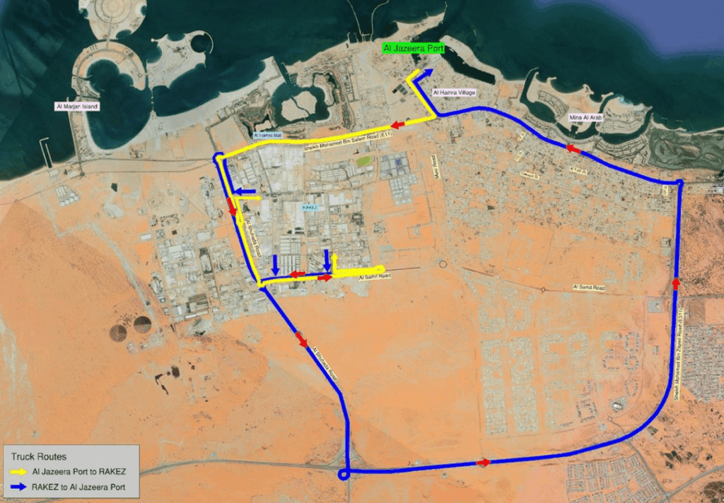 New truck route map showing alternative paths from RAKEZ to Jazeera Port and return routes for commercial vehicles during highway construction