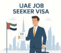 UAE Job Seeker Visa 2025 illustration – confident job seeker holding CV and suitcase with Dubai skyline and UAE flag in the background. Highlights visa eligibility requirements, how to apply online, duration options (60, 90, 120 days), refundable deposit process, and converting to employment visa.