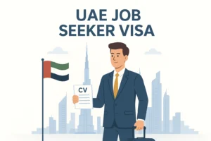 UAE Job Seeker Visa 2025 illustration – confident job seeker holding CV and suitcase with Dubai skyline and UAE flag in the background. Highlights visa eligibility requirements, how to apply online, duration options (60, 90, 120 days), refundable deposit process, and converting to employment visa.