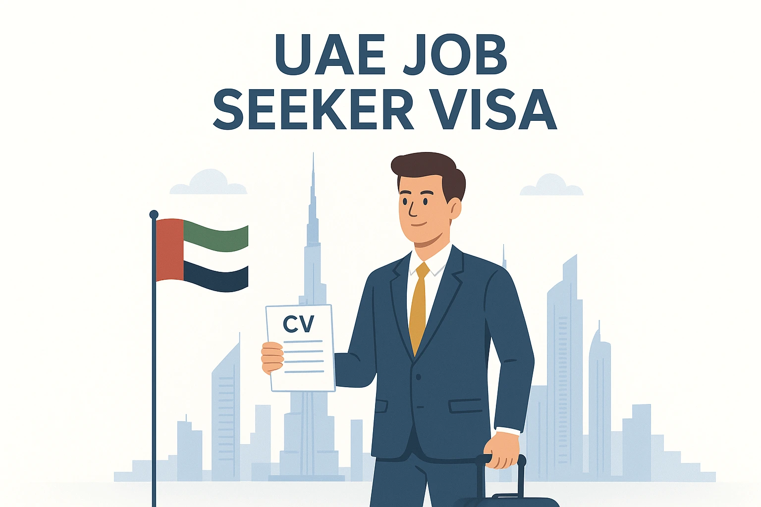 UAE Job Seeker Visa 2025 illustration – confident job seeker holding CV and suitcase with Dubai skyline and UAE flag in the background. Highlights visa eligibility requirements, how to apply online, duration options (60, 90, 120 days), refundable deposit process, and converting to employment visa.