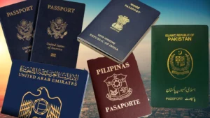 Collage of various international passport covers representing the new mandatory passport external cover page requirement for Dubai visa applications