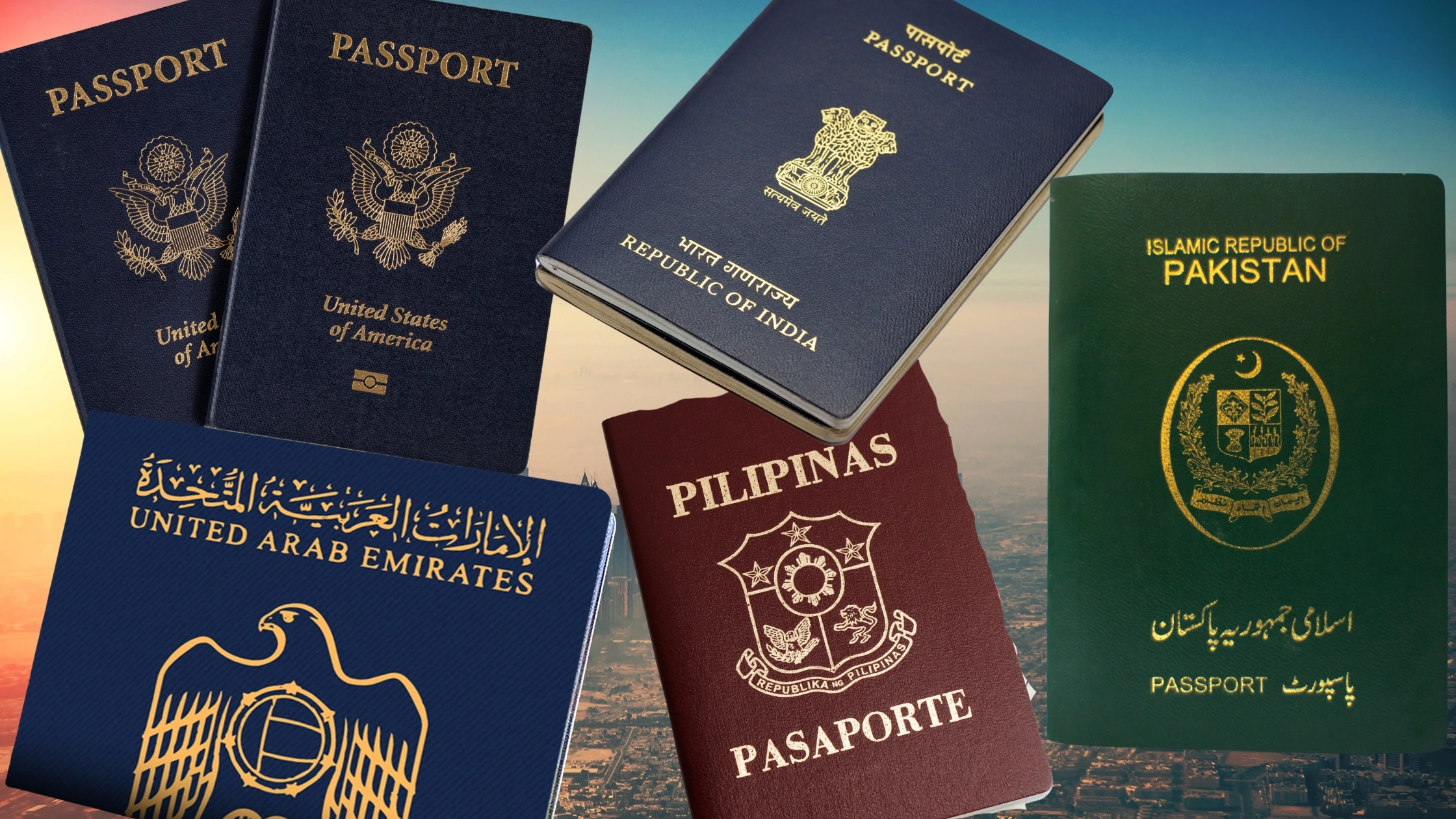 Collage of various international passport covers representing the new mandatory passport external cover page requirement for Dubai visa applications