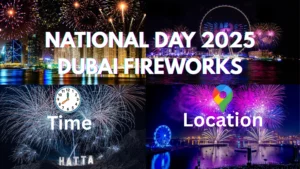 UAE National Day 2025 Dubai fireworks locations and timings. Souk Al Seef, Festival City, Hatta, Bluewaters, JBR. Shows start 8PM on Dec 2.