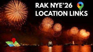 Ras Al Khaimah New Year Fireworks 2026 Google Map locations showing Al Marjan Island, Al Hamra area, Julphar Towers, Manar Mall and Ras Al Khaimah Corniche