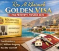 Ras Al Khaimah Golden Visa 2026 for property owners showing luxury waterfront properties, UAE Golden Visa card, and 10-year residency eligibility for AED 2 million investment.
