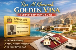 Ras Al Khaimah Golden Visa 2026 for property owners showing luxury waterfront properties, UAE Golden Visa card, and 10-year residency eligibility for AED 2 million investment.