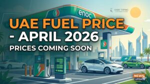 UAE fuel prices announcement for April 2026 featuring a modern petrol station in Dubai with city skyline background.