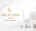 Eid Al Adha 2026 Prayer Timings featured image with white mosque background and elegant gold Islamic design in UAE style.