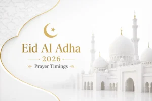 Eid Al Adha 2026 Prayer Timings featured image with white mosque background and elegant gold Islamic design in UAE style.