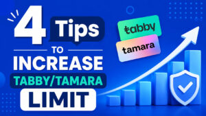 Featured article image showing how to increase Tabby and Tamara shopping limits using a blue financial growth theme