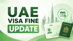 UAE visa fine update featured image with green modern design showing UAE passport, visa card, Dubai skyline, and overstay penalty update concept. Graphic highlights new GDRFA system calculating UAE overstay fines based on exact overstay days for visit visa and residency visa holders in Dubai, Abu Dhabi, Sharjah, Ras Al Khaimah, and across the UAE. Includes immigration update, visa extension, status change, exit rules, and UAE visa fine news 2026.