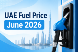 UAE Fuel Price June 2026 announcement featuring a blue fuel pump nozzle with Dubai skyline background, highlighting latest petrol and diesel rates in the UAE.