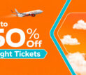 Up to 50% Off Flight Tickets promotional banner with orange background, airplane graphic, clouds, and bold white text for airline travel deals