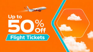 Up to 50% Off Flight Tickets promotional banner with orange background, airplane graphic, clouds, and bold white text for airline travel deals