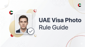 Professional guide for UAE visa photo requirements featuring a passport-style photo and official compliance checkmark in an editorial style.