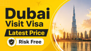 Dubai Visit Visa latest price promotional banner featuring the Burj Khalifa skyscraper at sunset.