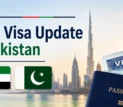 Featured image for UAE Visa Update – Pakistan showing the UAE and Pakistan flags with passport and visa graphics over a Dubai skyline background, highlighting visa-related updates for Pakistan nationals.