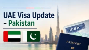 Featured image for UAE Visa Update – Pakistan showing the UAE and Pakistan flags with passport and visa graphics over a Dubai skyline background, highlighting visa-related updates for Pakistan nationals.