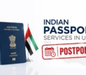 Indian passport with UAE flag and Dubai skyline on a clean white background representing postponed Indian passport services launch in the UAE
