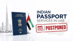 Indian passport with UAE flag and Dubai skyline on a clean white background representing postponed Indian passport services launch in the UAE
