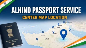 Map showing Alhind Indian Consular Application Centers (ICAC) locations for passport, visa and attestation services in UAE