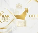Banner graphic with white and gold accents featuring the text 'RAK Golden Visa' and 'Off Plan' for property investors in Ras Al Khaimah.