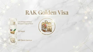 Infographic for RAK Golden Visa showing required documents including passport copy, photo, 10-year residency details, and VIP quick service. Ras Al Khaimah Golden Visa required documents list for ready property owners.