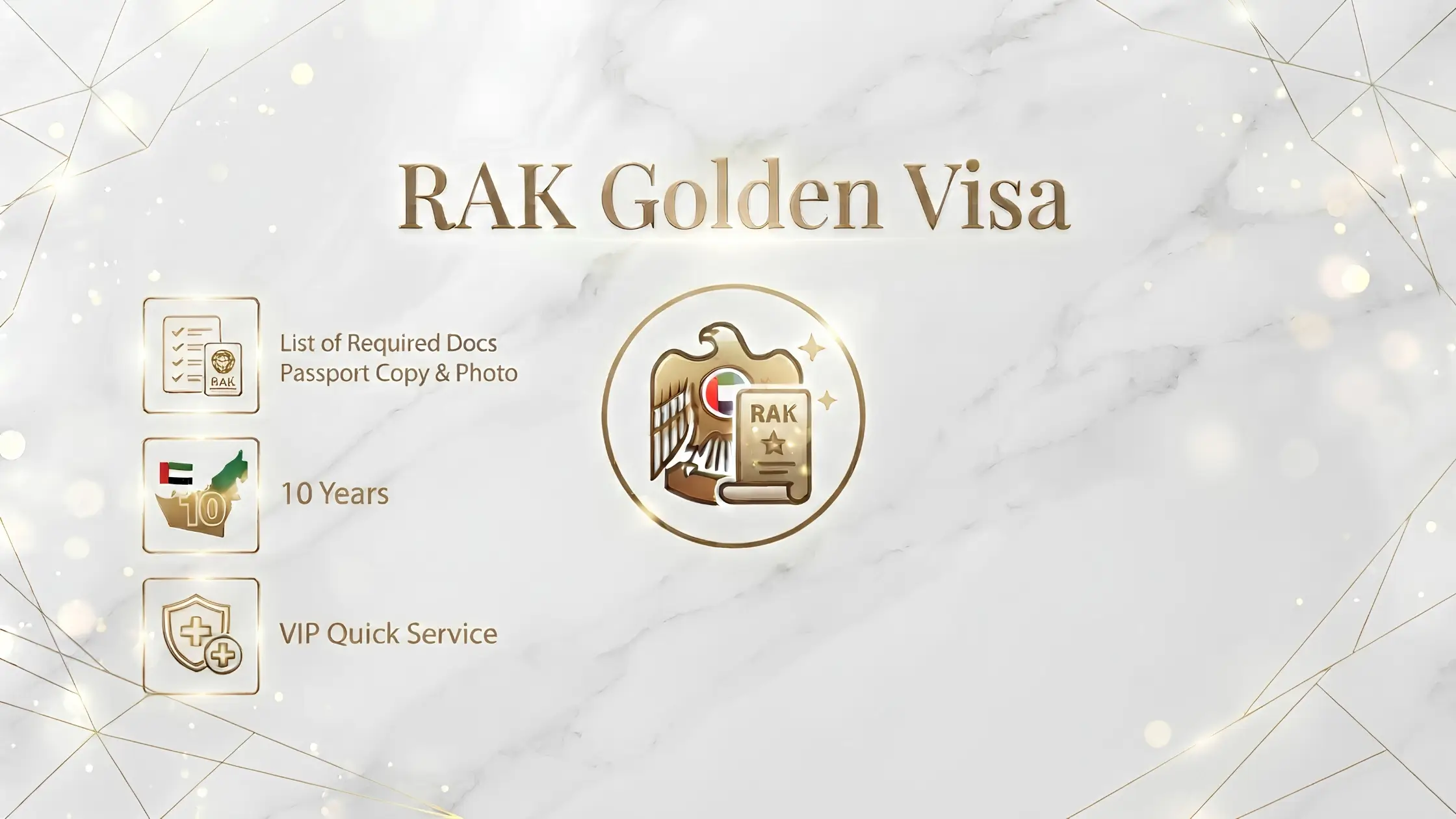 Infographic for RAK Golden Visa showing required documents including passport copy, photo, 10-year residency details, and VIP quick service. Ras Al Khaimah Golden Visa required documents list for ready property owners.