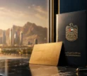 Ras Al Khaimah Golden Visa VIP services concept image with gold UAE visa card and RAK skyline background