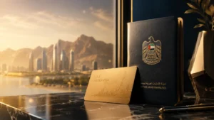 Ras Al Khaimah Golden Visa VIP services concept image with gold UAE visa card and RAK skyline background